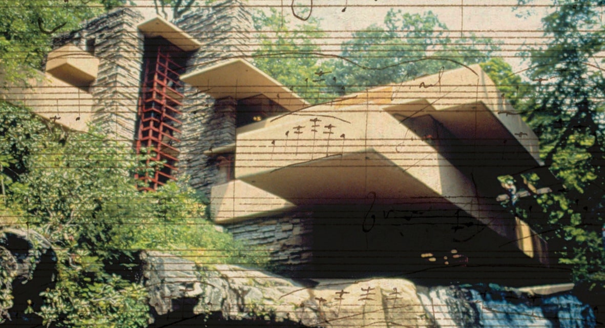 Collage of sheet music over photo of Frank Lloyd Wright's Fallingwater