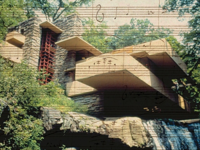 Collage of sheet music over photo of Frank Lloyd Wright's Fallingwater