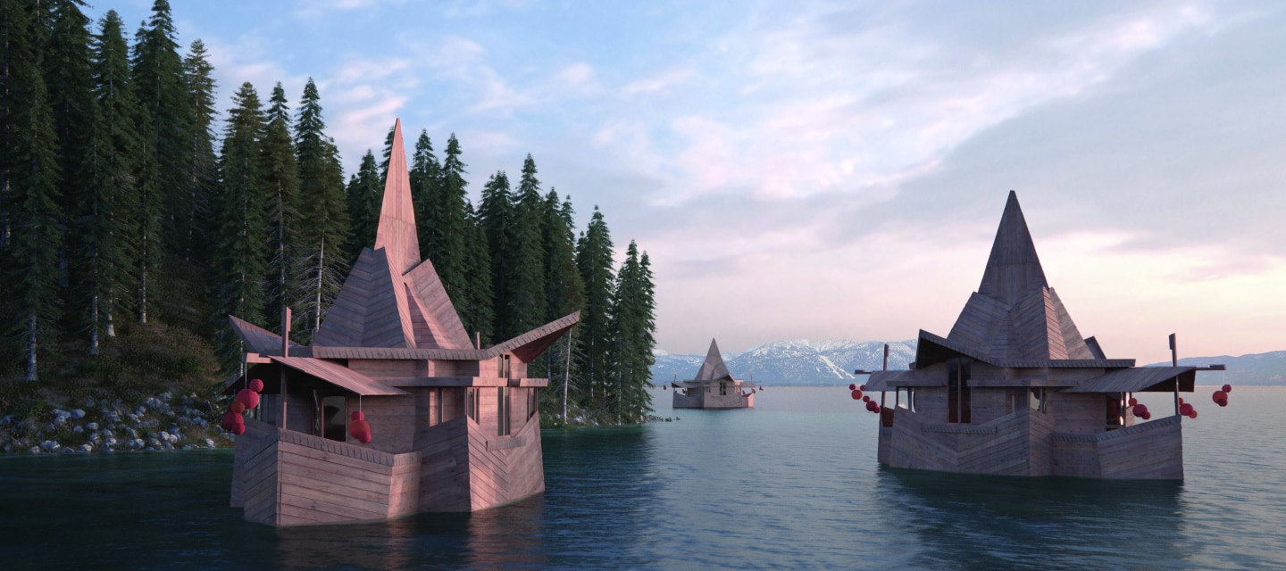 Rendering of floating cabins for the unbuilt Frank Lloyd Wright Lake Tahoe project by David Romero